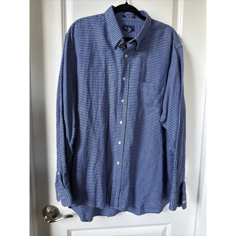 Paul Fredrick Dress Shirt Mens XL Blue Houndstooth Linen Cotton Sport Button